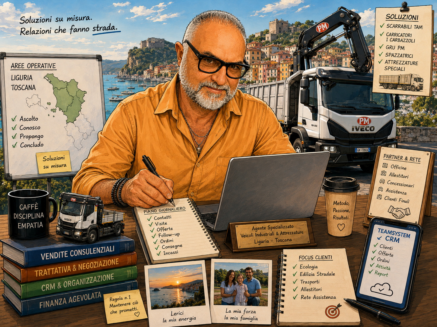 Gianni Palma: illustrazione del catalogo con camicia arancione, Lerici e veicolo industriale sullo sfondo